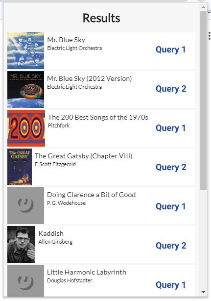 Inferhythm's results for Electric Light Orchestra's Mr.Blue Sky alternately labelled Query 1 and Query 2